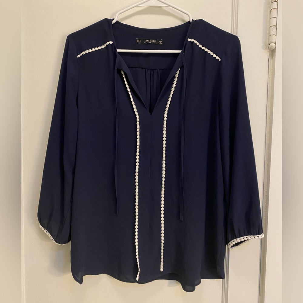 Zara Navy Blue Women's Top with White Trim
